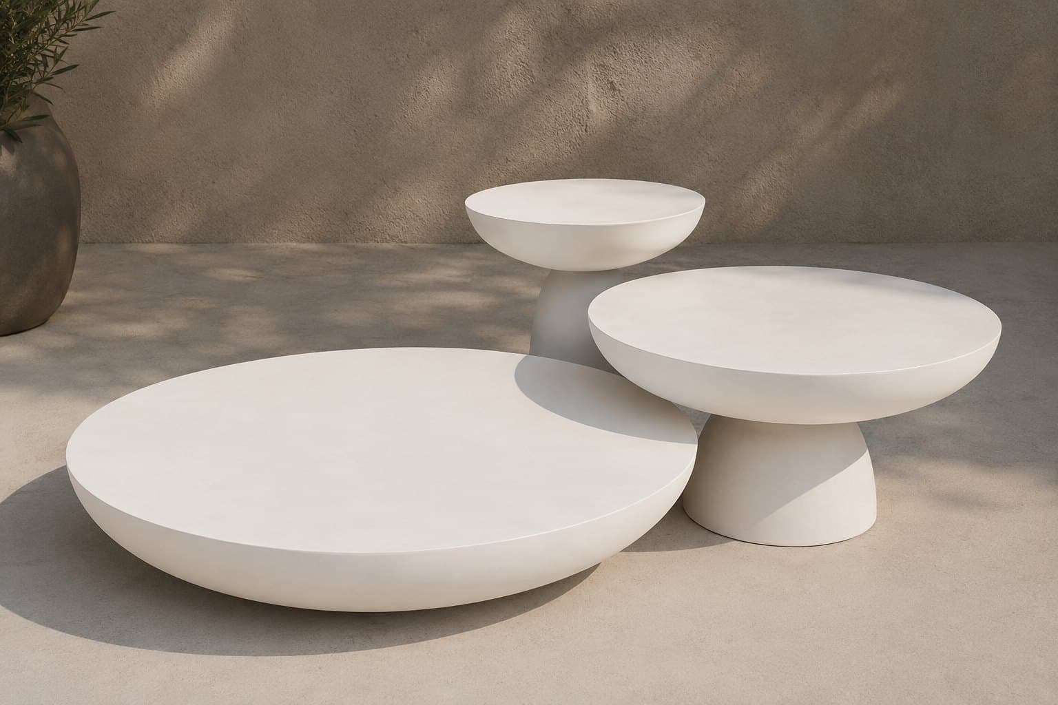 A trio of rounded fiberglass tables inspired by wind-shaped dunes — one soft, sculptural silhouette in three scales.