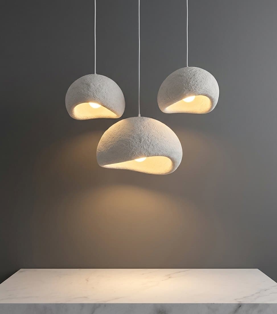 An organic, wave-shaped pendant cluster — soft curves of light layered above the table.